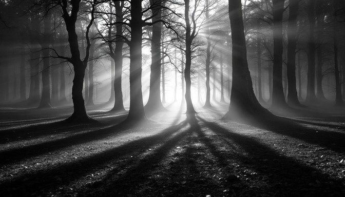Nebeliger Laubwald mit starken Lichtstrahlen und tiefen Schatten